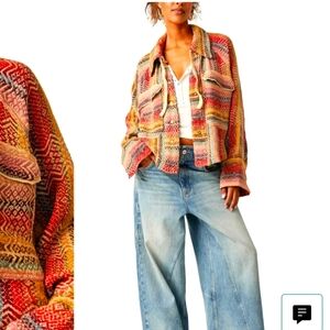 Free People Rainbow Rays Cotton Snap-Up Drawstring Cotton Overshirt